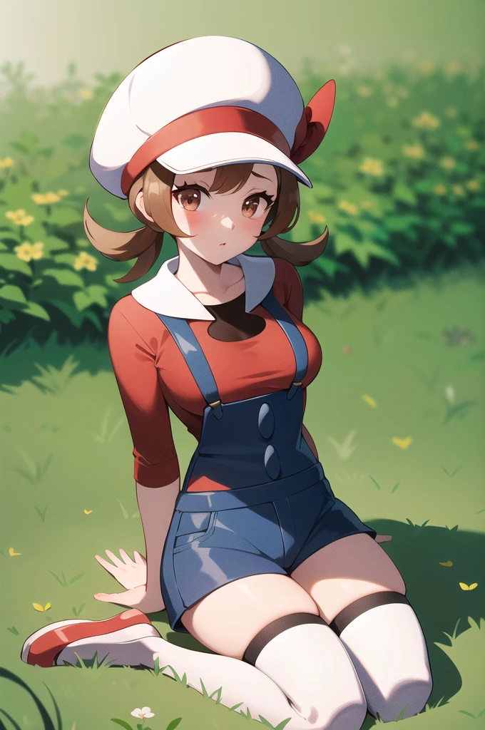 masterpiece, best quality, highres, ly01, overalls, white thighhighs, red bow, red shirt, white headwear, hat bow, eyelashes, wariza, field, grass, thighs, breasts, mature female