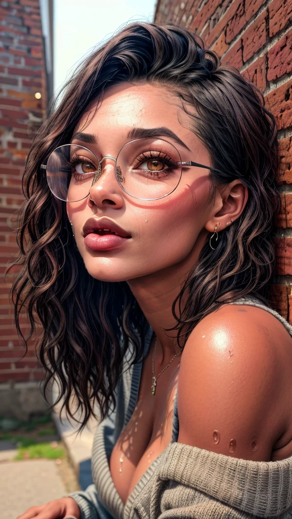 dynamic close-up of the upper part of 1 French woman, black, extremely slim and beautiful, perfect body, (well-shaped and delicate face with (piercing gaze)), black skin with highly detailed depth, she is leaning against a brick wall, ( Long hair, slightly messy and shiny wavy brown hair, hair over the eyes), (detailed, large and bright eyes, light brown eyes, curved eyelashes, large glasses), (sensual pouting with mouth), wearing a short sweater showing the shoulders, (she is sweaty (shining with sweat)), ultra realistic image, Perfect symmetry, vibrant and sharp, dynamic vision, high quality, hyper-realistic and cinematic 32k.