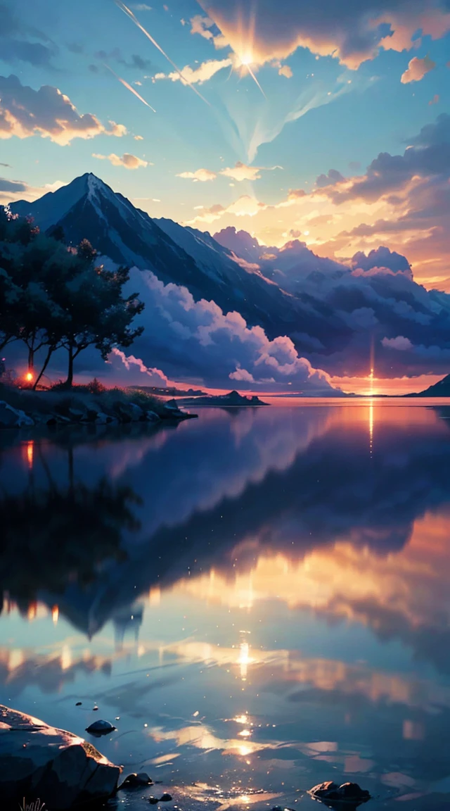 There is a beautiful sunset, the hillside is covered with flowers and plants, the flowers are up close, the colorful sky, the surreal colors, the colorful sunsets, the colorful sky, the marvelous sky reflection, the amazing sky, the fantastic atmosphere 8K, the colorful clouds, the color reflection on the lake, the surreal sky, the red and blue reflection, the fire reflection, the beautiful sky, the beautiful and spectacular dusk, the beautiful dream landscape, the amazing skyHD lighting and dark )<=(epic image quality)dark atmosphere with bright particle light(many effects in background)