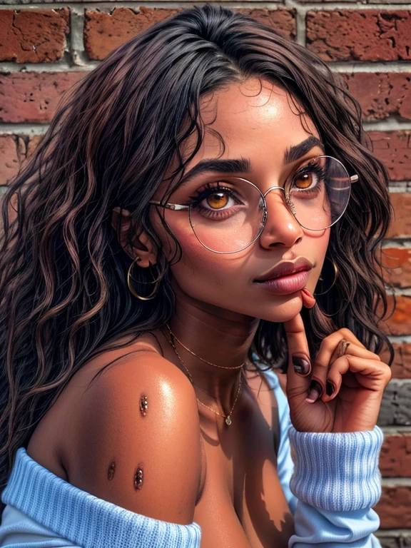 dynamic close-up of the upper part of 1 French woman, black, extremely slim and beautiful, perfect body, (well-shaped and delicate face with (piercing gaze)), black skin with highly detailed depth, she is leaning against a brick wall, ( Long hair, slightly messy and shiny wavy brown hair, hair over the eyes), (detailed, large and bright eyes, light brown eyes, curved eyelashes, large glasses), (sensual pouting with mouth), wearing a short sweater showing the shoulders, (she is sweaty (shining with sweat)), ultra realistic image, Perfect symmetry, vibrant and sharp, dynamic vision, high quality, hyper-realistic and cinematic 32k.