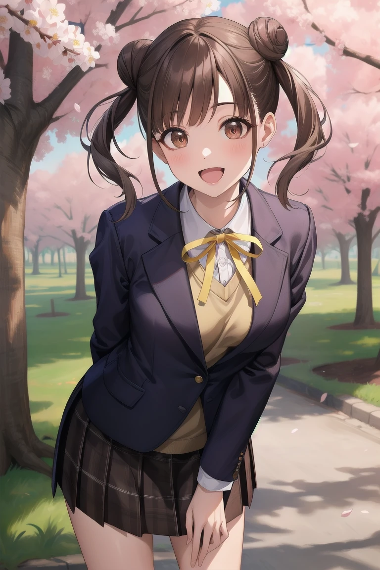 masterpiece, best quality, highres, aachiyoko, double bun, twintails, neck ribbon, yellow ribbon, collared shirt, sweater vest, blazer, black jacket, open clothes, long sleeves, plaid skirt, brown skirt, outdoor, cherry blossoms, smile, leaning forward, standing, cowboy shot, open mouth, arms behind back,