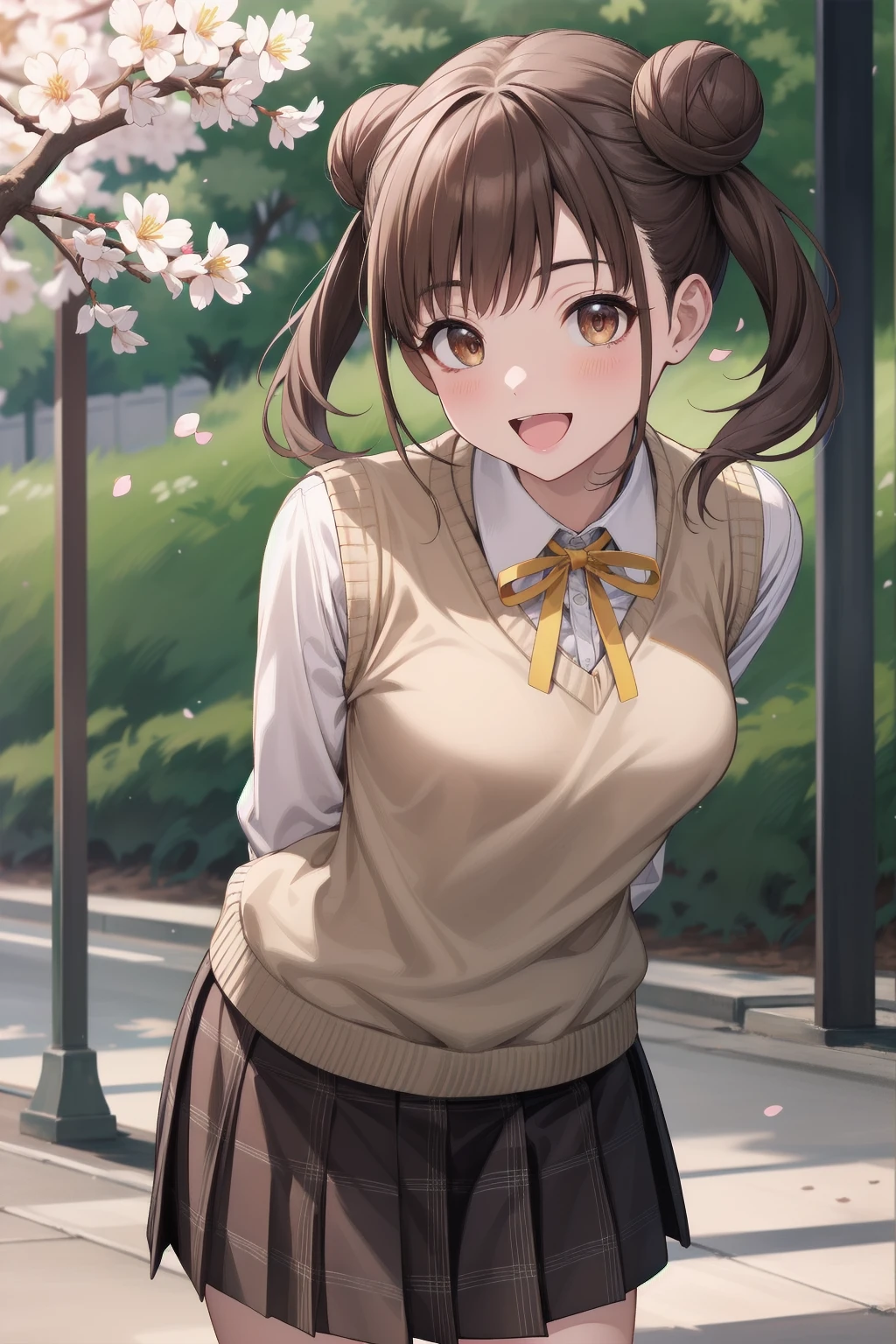 masterpiece, best quality, highres, aachiyoko, double bun, twintails, neck ribbon, yellow ribbon, collared shirt, sweater vest, blazer, black jacket, open clothes, long sleeves, plaid skirt, brown skirt, outdoor, cherry blossoms, smile, leaning forward, standing, cowboy shot, open mouth, arms behind back,