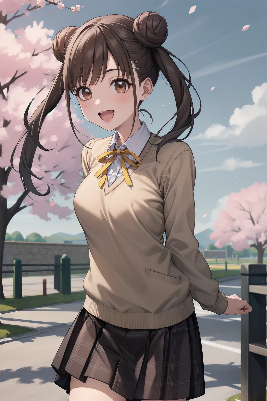 masterpiece, best quality, highres, aachiyoko, double bun, twintails, neck ribbon, yellow ribbon, collared shirt, sweater vest, blazer, black jacket, open clothes, long sleeves, plaid skirt, brown skirt, outdoor, cherry blossoms, smile, leaning forward, standing, cowboy shot, open mouth, arms behind back,