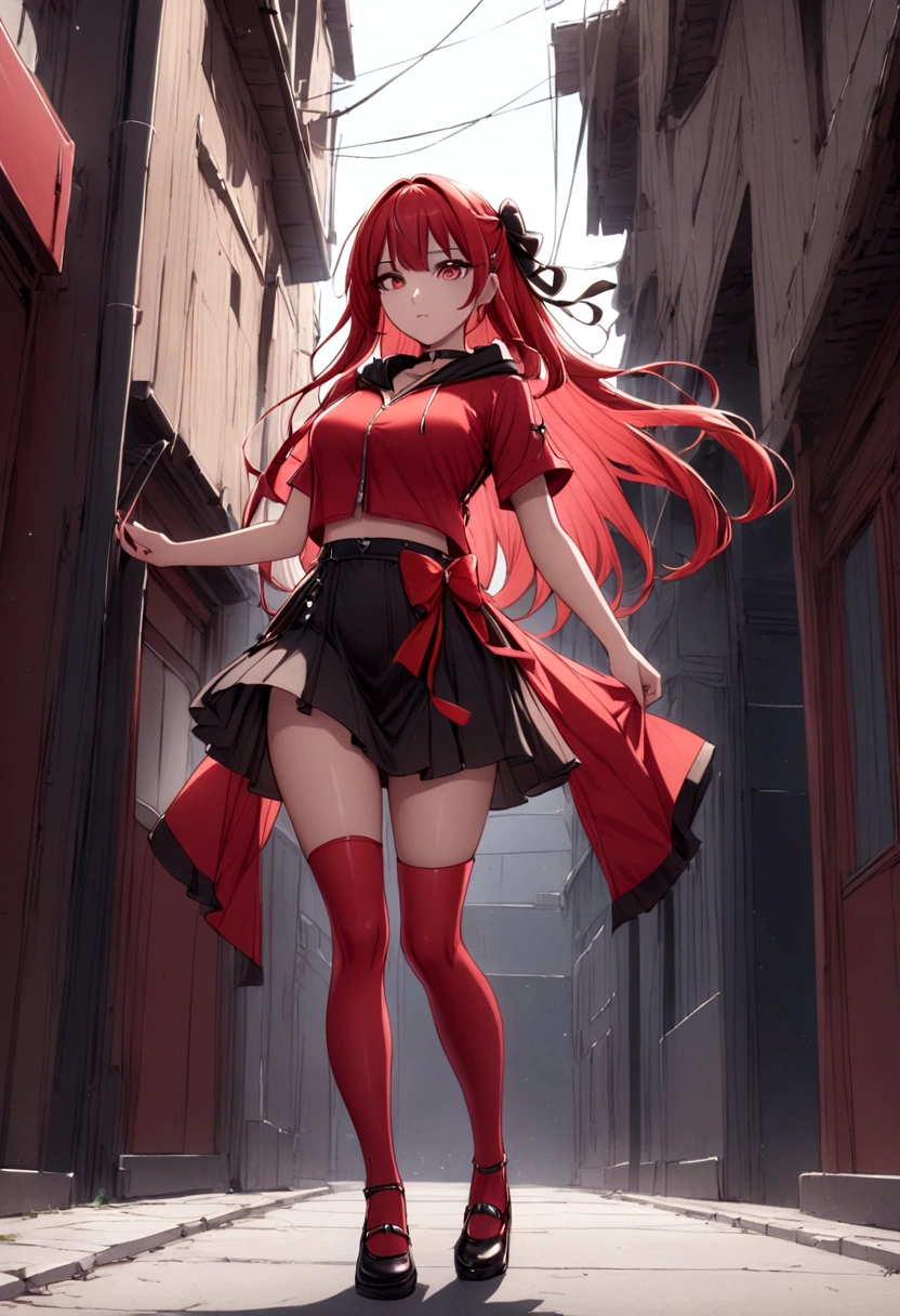 a girl with a red skirt and a black skirt that is under the red shirt . red stockings . red zip up hoodie, black shirt underneath with short sleeves and ,red hair, long hair and a flower with a ribbon on the bottom on the side on the hair and red eyes has a black Choker , and a small heart red necklace ,  has a ribbon bow waistband , full body 