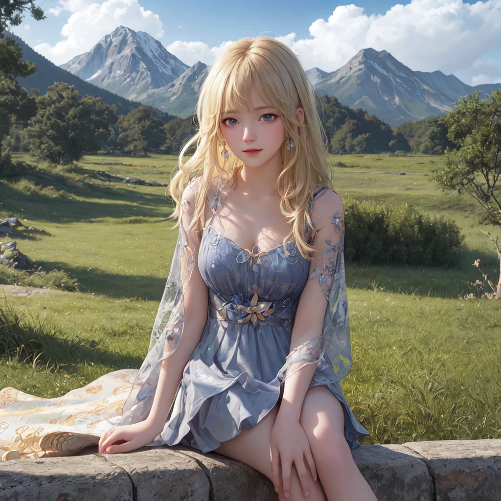 (best quality), masterpiece, Extremely detailed CG8K painting, high color, Extremely high color saturation, All colors are deepened, central composition, Extremely detailed light and shadow, The face and eyes are very detailed, medium length hair, sportswear, colorful clouds，beautiful nature，landscape