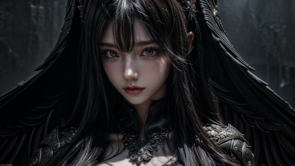 女性のクローズアップ, 黒いローブ, 2. 5D CGI アニメ ファンタジー アートワーク, 大きな胸，壮大なファンタジーデジタルアートスタイル, detailed デジタル 2D ファンタジー アート, デジタル 2D ファンタジー アート, オリジナル写真, (最高品質:1.3), 高解像度, (傑作), (リアルな:1.4), プロの写真撮影, 明確な焦点, ハイダイナミックレンジ, 8K解像度, 複雑なディテール, 細かいディテール, 被写界深度, 非常に詳細な CG 統合 8k 壁紙, 傑作，ポスター，最高品質，公式アート，（美と美学：1.2），（傑作：1.3），逃す，個人的，複雑なパターン，都市遺跡遠景写真，（早朝），劇的，黒い羽の翼，