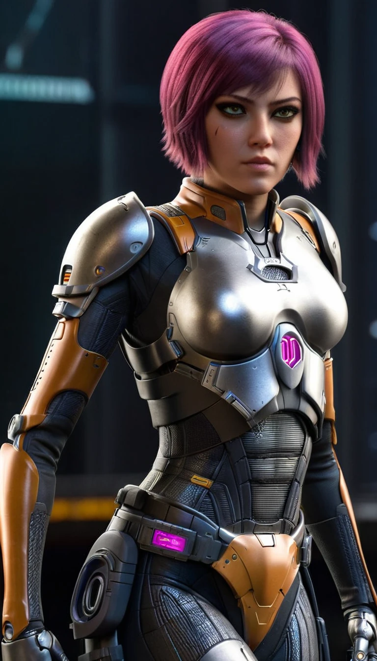 professional 3d model Cinematic scene, sabine wren, SILVER armor (HUGE BREASTS), Ghost in the Shell, detailed background, masterpiece, best quality, high quality, highres, absurdres . octane render, highly detailed, volumetric, dramatic lighting
