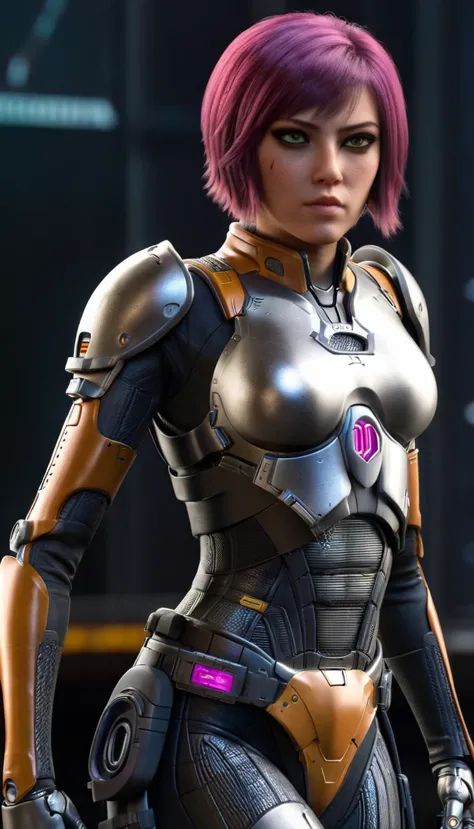 professional 3d model cinematic scene, sabine wren, silver armor (huge breasts), ghost in the shell, detailed background, master...