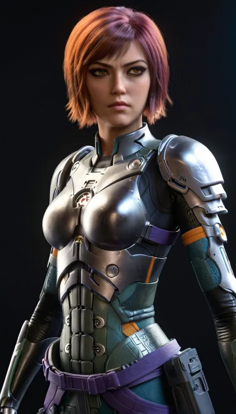 professional 3d model cinematic scene, sabine wren, silver armor (huge breasts), ghost in the shell, detailed background, master...