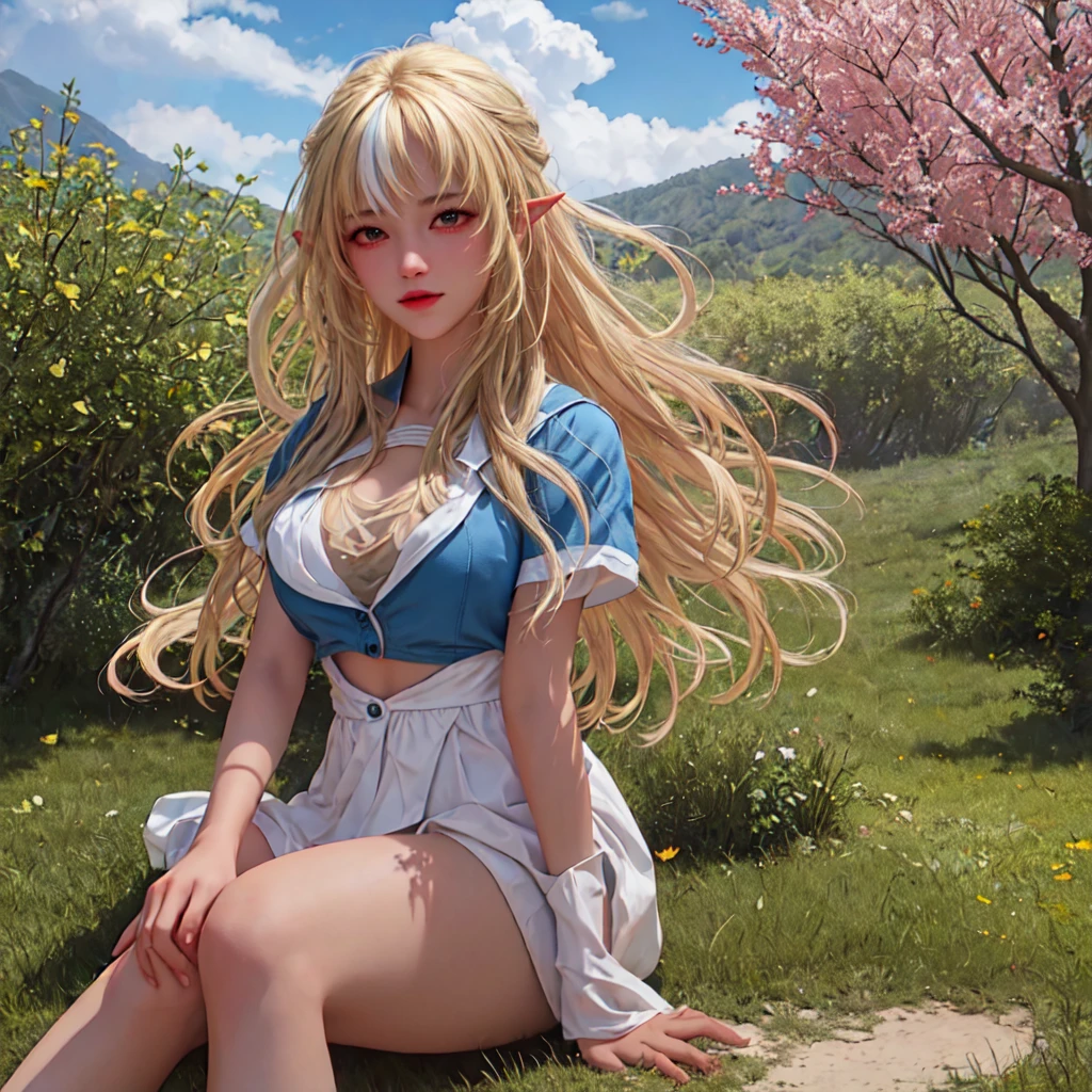 (best quality), masterpiece, Extremely detailed CG8K painting, high color, Extremely high color saturation, All colors are deepened, central composition, Extremely detailed light and shadow, The face and eyes are very detailed, medium length hair, sportswear, colorful clouds，beautiful nature，landscape