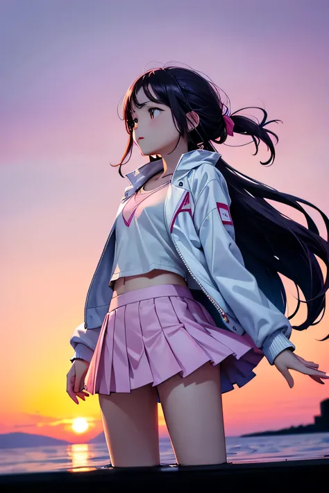 girl standing on water , beautiful sunset background , white mini skirt , dark-colored jacket , hair is tied in a simple style a...
