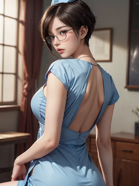 (From behind),(Butt pose)20-year-old,1 female,((Sit on a chair))((Wearing light blue nurse clothes))((Exactly))((Her breasts are...