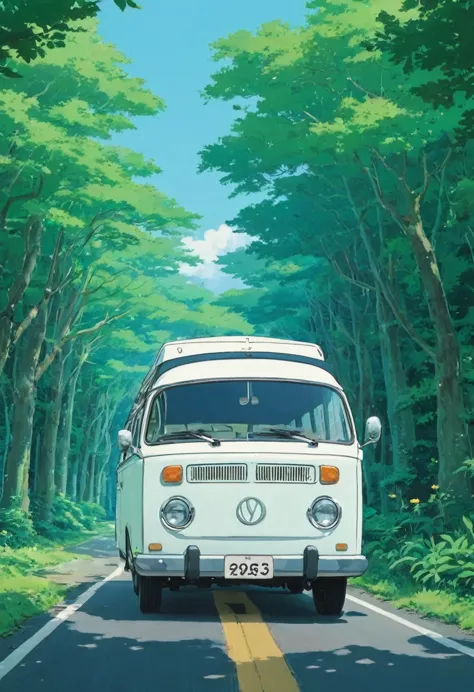 (minimalism:1.4)、minibus on the road、white、studio ghibli art、miyazaki、青空とwhiteい雲の牧草地