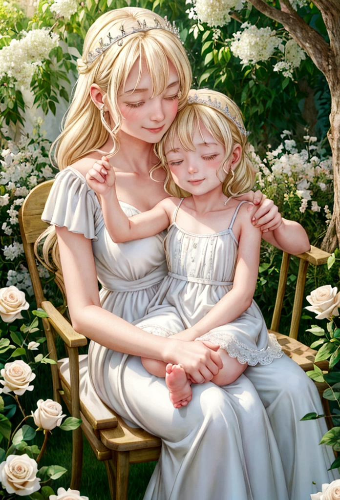 best quality,4k,8k,highres,masterpiece:1.2,ultra-detailed,realistic:1.37,portrait,beautiful mother and daughter in an Italian garden,medium:oils,classic Italian style,soft and warm colors,gentle lighting,delicate brush strokes,artistic masterpiece,pastel-hued flowers,bright blue sky and fluffy white clouds,fine details on their dresses,mother wearing an elegant white gown,daughter in a white dress with delicate lace,sparkling tiaras on their heads,smiling and joyful expressions,daughter holding a bouquet of white roses,embrace of love and innocence,subtle sunlight filtering through the trees,whisper of a gentle breeze,tranquil and peaceful atmosphere,mother's loving gaze,daughter's eyes full of excitement and joy,overall scene exudes purity and serenity.