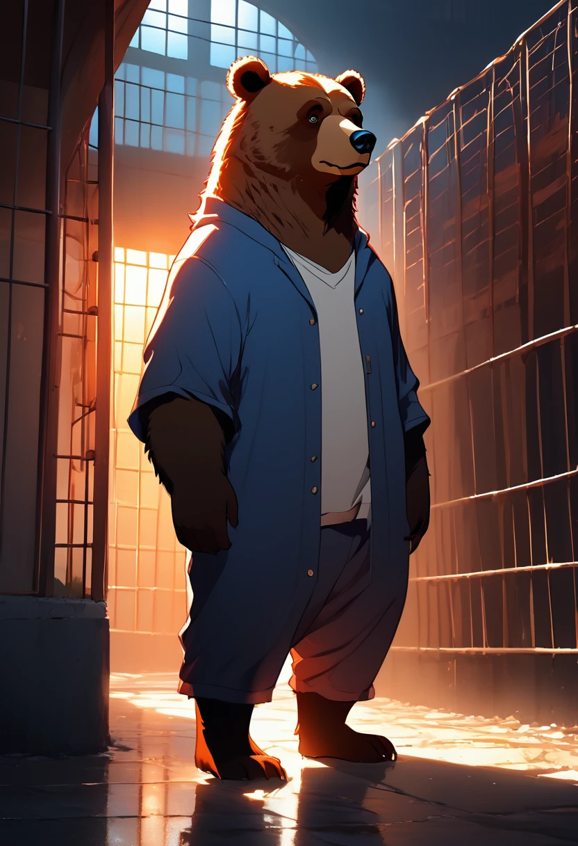 (masterpiece:1.4), (best quality:1.4), Extremely detailed, complex, Ultra Detailed, (Perfect face), illustration,Soft lighting, full_Body, 1 Boy, ,  To hair, rich and colorful, Colorization, from_more than ,Bear_Costumes , prison 