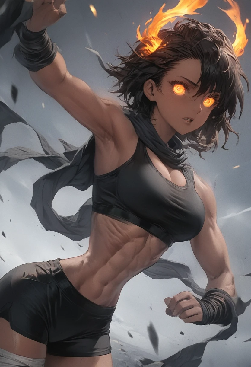detailed illustration (side view),dynamic angle, ultra-detailed, illustration, clean line art, shading, anime, detailed eyes, detailed face, beautiful face, dramatic lighting, detailed illustration, dynamic angle, ultra-detailed, illustration,

A fit woman with toned abs, in extra short bootie shorts, bandages wraps around chest, anime, wraps bra, Anime fighter protagonist, big round black girl ass, big , caramel skin, wide hips, narrow waist, broad shoulders, glowing eyes and thunder thigh’s, hair aflame and eyes are all aglow, hair on fire 