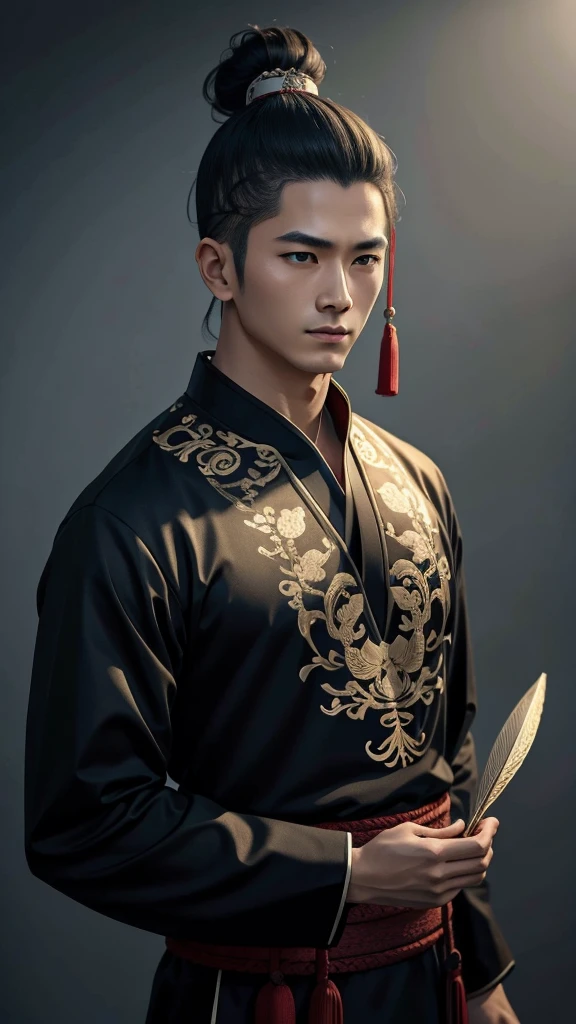 Oriental、Man in simple ancient Chinese costume、ancient chinese hairstyle male、Highest quality、masterpiece、Ultra-high resolution、(Realistic:1.4)、Game Poster、Crisp and beautiful image quality,Embroidered cloth wrapped around a topknot、Feather fan、Black clothes、