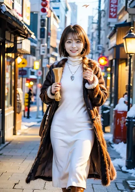 Outdoors in the city、Fur coat、豪華なグレーのミンクのFur coat、Wear leather boots、Luxury Bags、Inner turtleneck、Silver necklace and small silv...