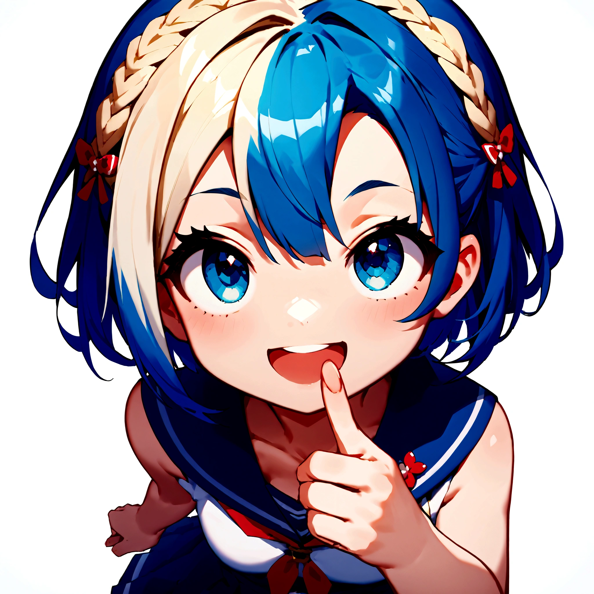 score_9, score_8_up, score_7_up, score_6_up, score_5_up, score_4_up,source_anime,rating_safe,rating_questionable,masterpiece, best quality, perfect anatomy , very aesthetic , absurdres , BREAK ,1girl,crownbraid-hair,blue and white mix hair,(close up face and hand:1.4),short hair,white background, (smiling),(pointing finger up:1.6),(looking up:1.5),cute,icon-style,simple background,sailor dress,blue eyes,from above