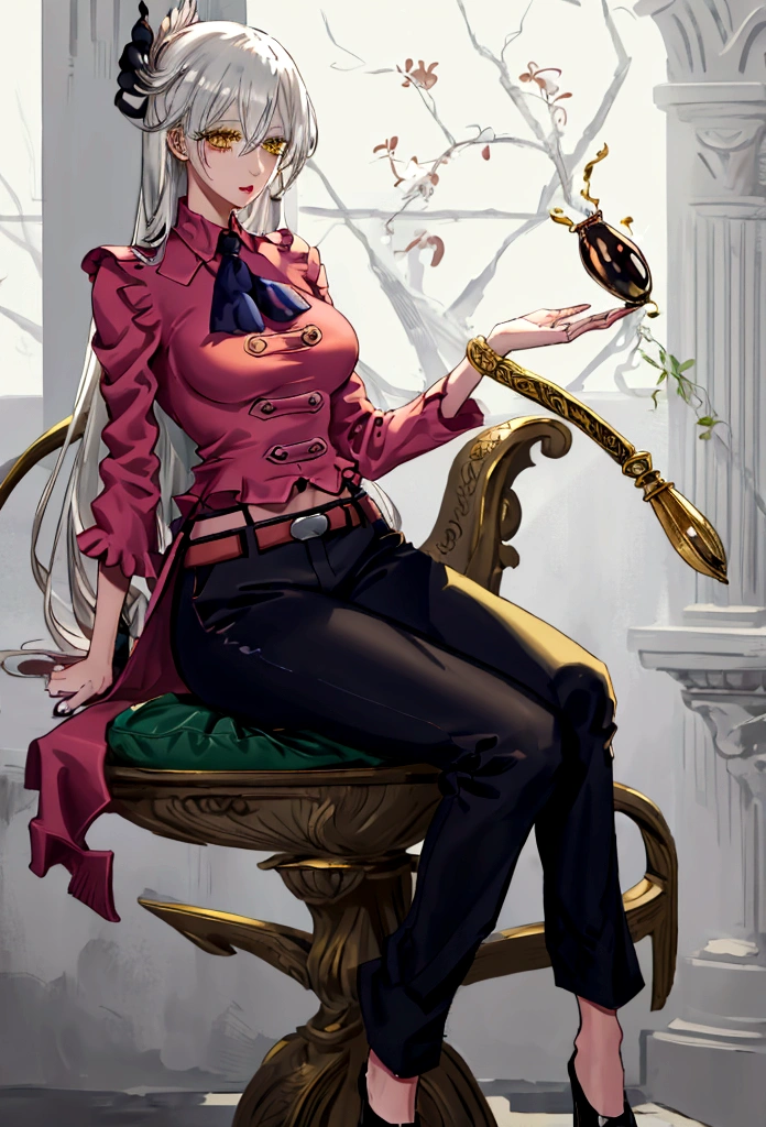 Best quality，masterpiece，a high resolution，Adult female, businesswoman, mature female,skinny,nardack, visible breasts apart, visible collarbone, isible breasts apart, holding cane, visible cane, white hair, lipstick, long hair, yellow eyes, black coat, long pant, black pant, thighs, bloodborne style, sitting on throne, legs crossed.