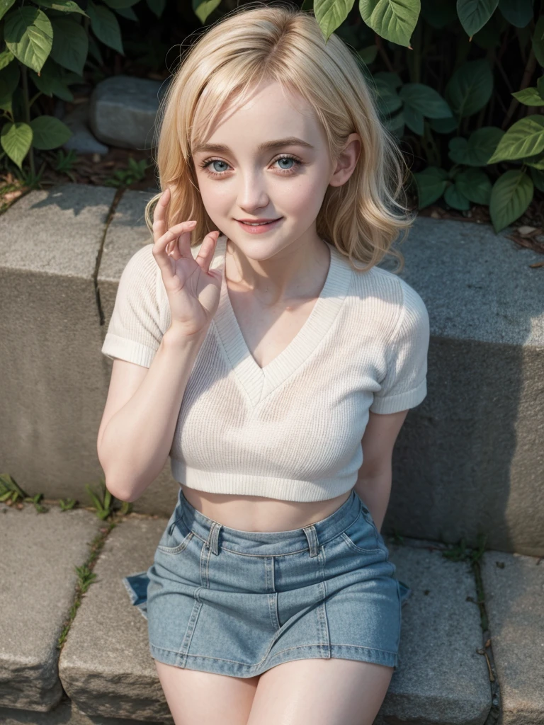 Evanna Lynch, smiling, with mini skirt, very short top - SeaArt AI