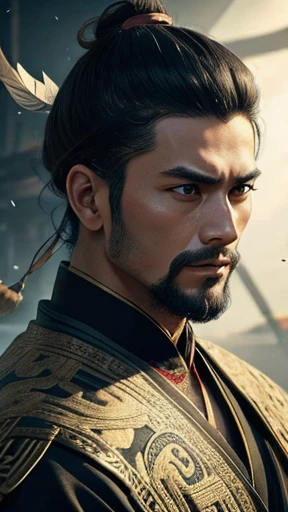 Oriental、Man in simple ancient Chinese costume、ancient chinese hairstyle male、Highest quality、masterpiece、Ultra-high resolution、(Realistic:1.4)、Game Poster、Crisp and beautiful image quality,Embroidered cloth wrapped around a topknot、Feather fan、Black clothes、