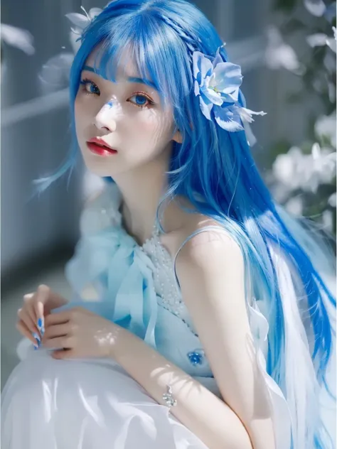a close up of a woman Blue Hair wearing a white dress, Blue Hair, 飘逸的Blue long hair, Blue and white hair, White Ji haircut, pret...