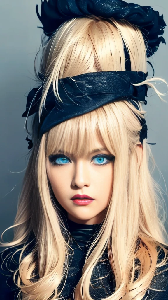 (((Masterpiece, Superior quality, ultra detailed))), (((1 Infinity Magician Girl))), 14 years old, (((Very detailed face))), small and thin nose, small mouth with thin lips, (((very focused eyes))), Very large slit precision  blue eyes, shining like jewels. very long eyelashes, Long blonde hair in blonde vertical curls, with fringes, ((, gothic lolita fashion))