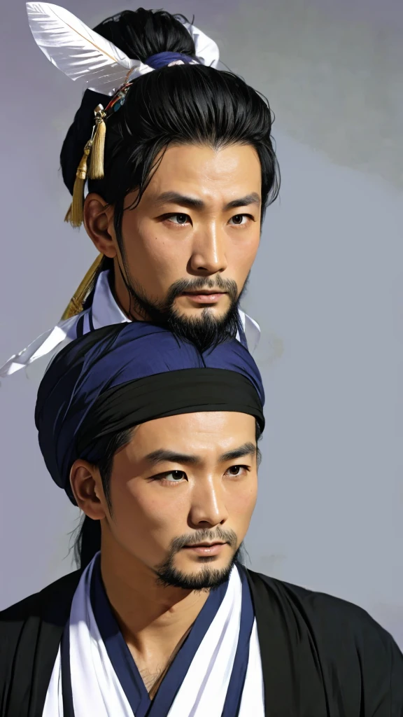 Oriental、Man in simple ancient Chinese costume、ancient chinese hairstyle male、Highest quality、masterpiece、Ultra-high resolution、(Realistic:1.4)、Game Poster、Crisp and beautiful image quality,Embroidered cloth wrapped around a topknot、Feather fan、Black clothes、