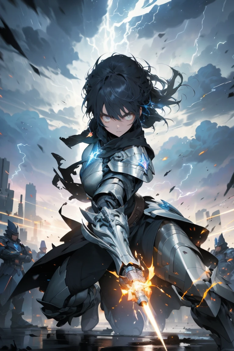 A woman with the power of thunder and full armor (best quality, Extremely detailed, Reality), Lightning Effect, Vibrant colors, Storm background, Strong stance, Focused gaze, Dynamic poses, Metal Armor, Luminous elements, Electric Spark, Crackling energy, Dramatic Lighting, Tensions, Superhero Concept Art, Fantasy elements, Epic battle scenes