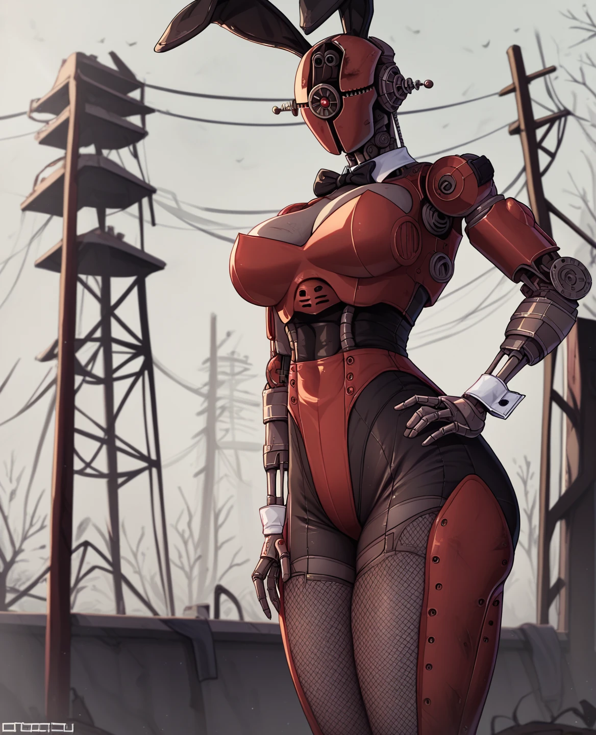 score_9, score_8_up, score_7_up, score_6_up, score_5_up, source_furry, assaultron, fallout, 1girl, solo, breasts, looking at viewer, robot, humanoid robot, robot joints, one-eyed, joints, no humans, red skin, mechanical arms, crotch plate, science fiction, post-apocalypse, outside, red armor, robotic hand, 5 fingers, playboy bunny suit, full figure, large breasts, thick thighs, fishnet and garter belt, black bowtie, white collar, white wristcuffs