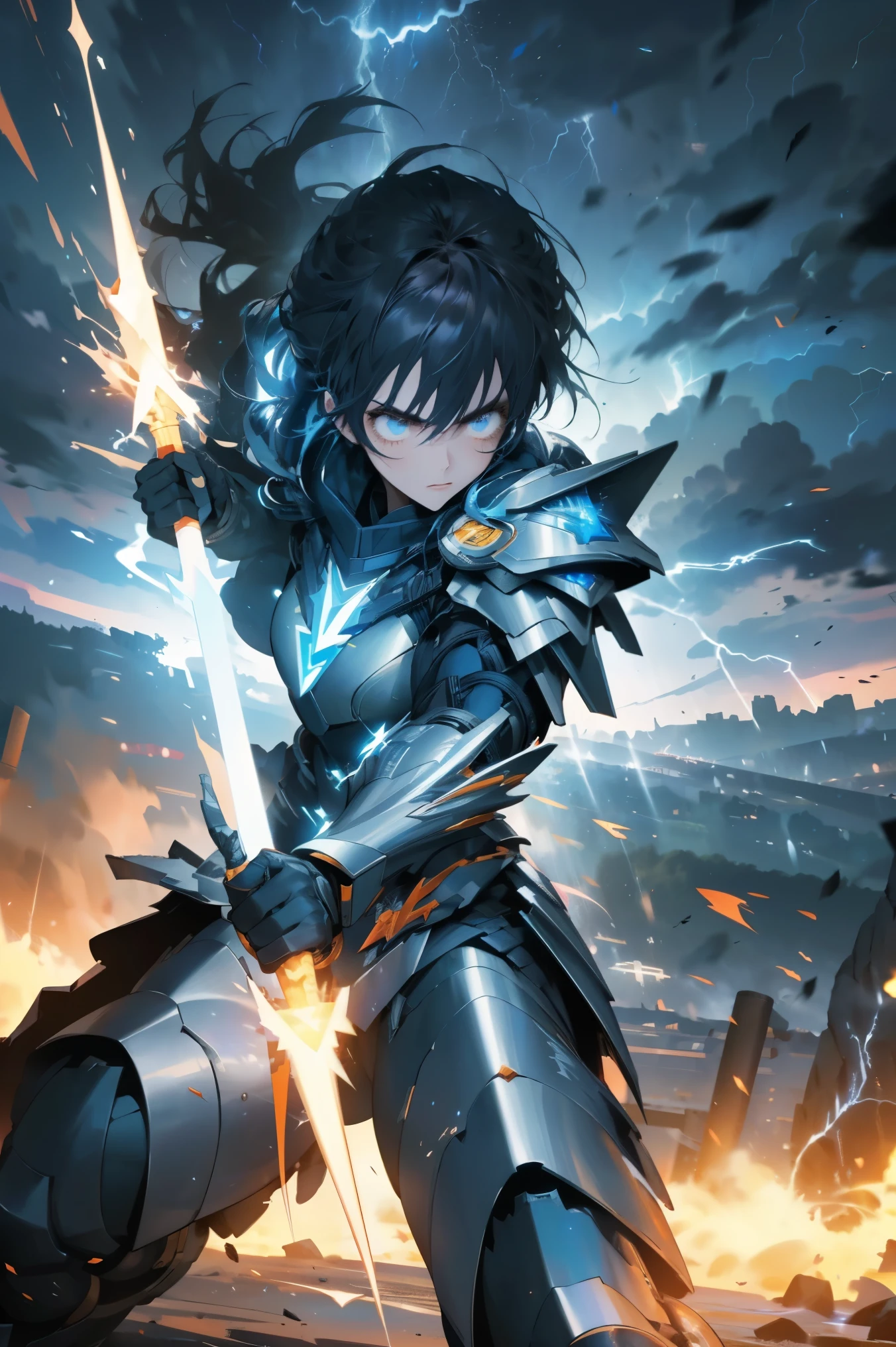 A woman with the power of thunder and full armor (best quality, Extremely detailed, Reality), Lightning Effect, Vibrant colors, Storm background, Strong stance, Focused gaze, Dynamic poses, Metal Armor, Luminous elements, Electric Spark, Crackling energy, Dramatic Lighting, Tensions, Superhero Concept Art, Fantasy elements, Epic battle scenes