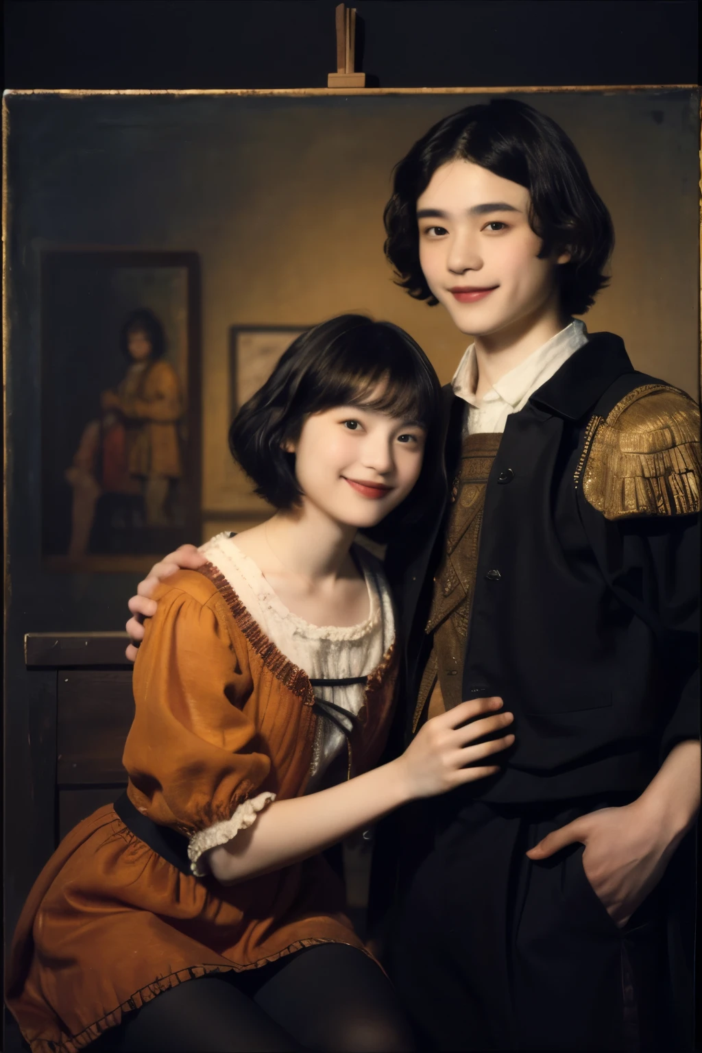 252 (An 18-year-old female and an 18-year-old male), (short hair),kind, lipstick, (Rembrandt-style painting), smile