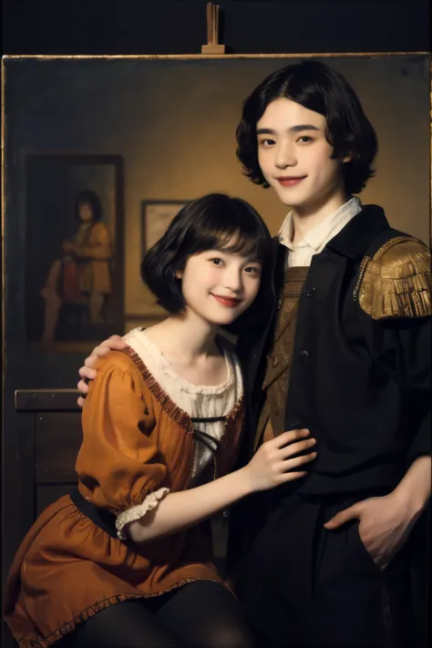 252 (an 18-year-old female and an 18-year-old male), (short hair),kind, lipstick, (rembrandt-style painting), smile