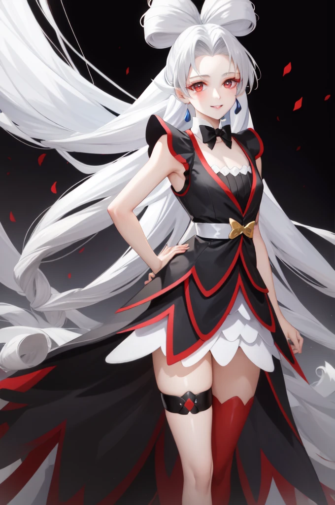 masterpiece, best quality, absurdres, perfect antomy, 1girl, solo, Twilight, white hair, long hair, quad tails, black dress, red pantyhose, TwilightBelt, skirt, bow, gradient background, arms behind back, smile