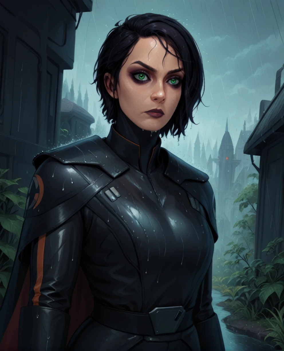 score_9,score_8_up,score_7_up,score_6_up, Trilla,green eyes,black hair, upper body, wet, armor,gloves,black bodysuit,black cape,belt,rain, science fiction,sith base, star wars, outdoors, rain, solo,fflixbag wearing armor sabine wren
