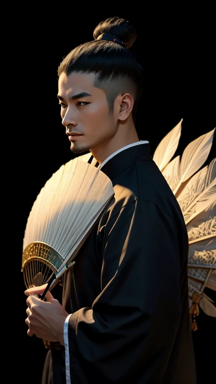 Oriental、Man in simple ancient Chinese costume、ancient chinese hairstyle male、Highest quality、masterpiece、Ultra-high resolution、(Realistic:1.4)、Game Poster、Crisp and beautiful image quality,Embroidered cloth wrapped around a topknot、Feather fan、Black clothes、