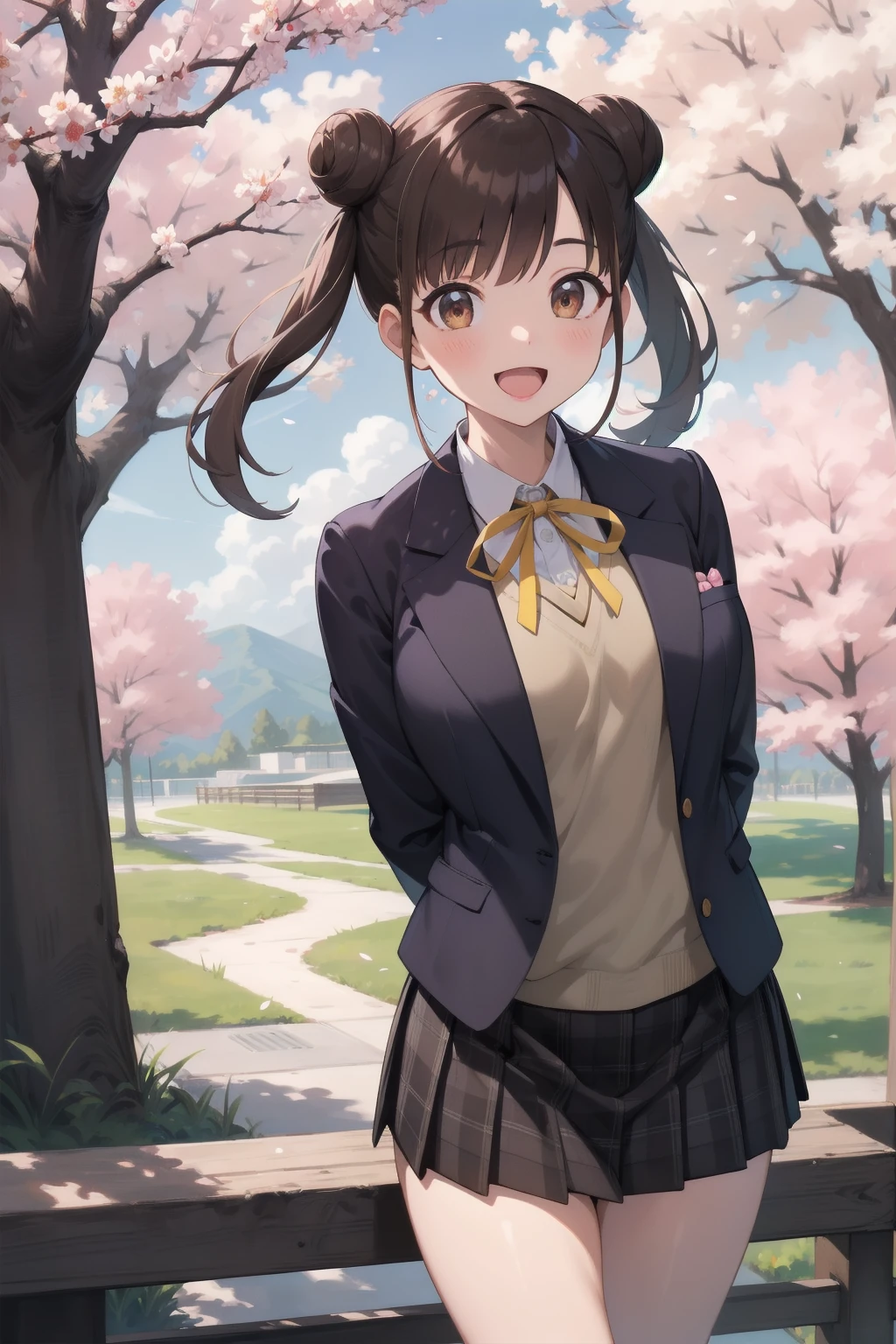 masterpiece, best quality, highres, aachiyoko, double bun, twintails, neck ribbon, yellow ribbon, collared shirt, sweater vest, blazer, black jacket, open clothes, long sleeves, plaid skirt, brown skirt, outdoor, cherry blossoms, smile, leaning forward, standing, cowboy shot, open mouth, arms behind back,