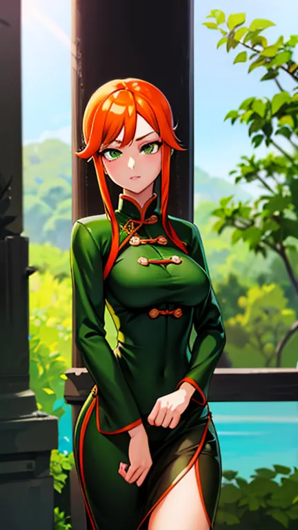 1girl, Best quality, masterpiece, cowboy shot, orange hair, green eyes, tight cloth, qipao