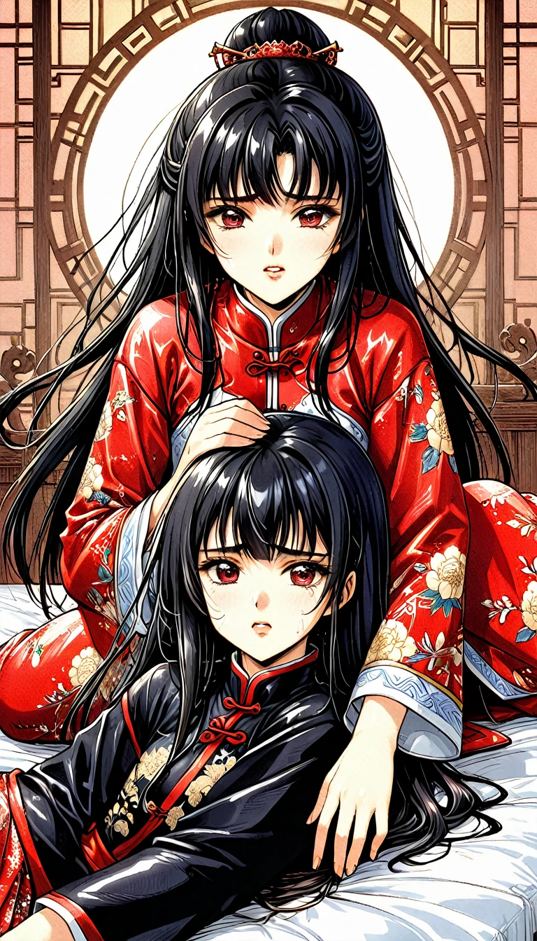 A tragic historical drama in 8k live-action style: Beautiful palace secrets　Beautiful 10 year old Chinese Kung Fu girl with long black hair has very rough unwanted sex with old man emperor　Gorgeous embroidery, Ultra glossy, She is wearing a shiny red top and bottom long sleeve floral pajama kung fu suit....　　She was laid down on a floral futon、When the penis is inserted, she cries and resists.。.　