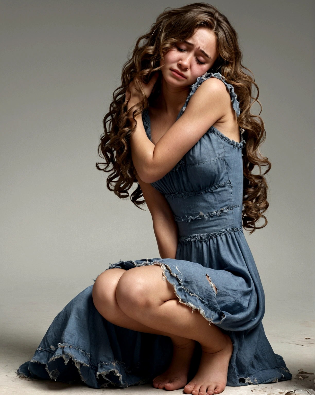 1girl, sitting curled up, perfect face, perfect body, perfect legs (perfect anatomy 1.5)(accurate 1.8) tattered crop top, ragged skirt (torn clothes 1.8) long wavy hair, left side view, photo realistic, digitally enhanced, high resolution, super quality, extremely detailed