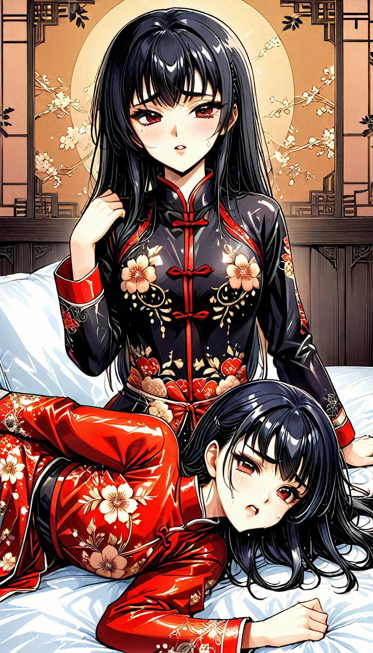 A tragic historical drama in 8k live-action style: Beautiful palace secrets　Beautiful 10 year old Chinese Kung Fu girl with long black hair has very rough unwanted sex with old man emperor　Gorgeous embroidery, Ultra glossy, She is wearing a shiny red top and bottom long sleeve floral pajama kung fu suit....　　She was laid down on a floral futon、When the penis is inserted, she cries and resists.。.　