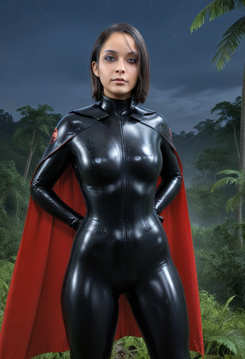 zPDXL, source_anime, BREAK Trilla, helmet with red visor, cape, armor,black gloves,tight bodysuit,black cape,black pants, BREAK close-up, solo, standing, front view, medium breasts, hands on hips, wide hips, BREAK x3dce, 3d, jungle background, dense vegetation, rain, night, night sky,
