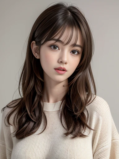 (Highest quality, 8K, masterpiece :1.3), One girl, Beautiful woman, Messy Hair, Asymmetrical bangs, Brown Hair, Huge breasts :1.2, Casual clothing :1.2, indoor, Highly detailed face, (actress), (Japanese Idols), 19, (professionally Portraiture photo:1.3), Portraiture. (Face shot), Simple Background