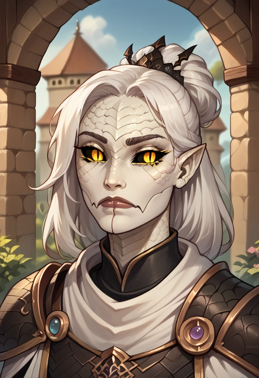 (((beautiful, high quality))), portrait, score_9, score_8_up, score_7_up, Yuan-ti, black sclera, slit pupils, scales, pointed ears, 1girl, yellow eyes, white skin, black scales, white hair, armor, fantasy background, blurred background