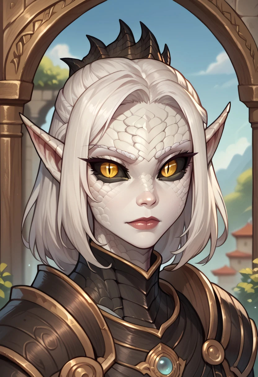 (((beautiful, high quality))), portrait, score_9, score_8_up, score_7_up, Yuan-ti, black sclera, slit pupils, scales, pointed ears, 1girl, yellow eyes, white skin, black scales, white hair, armor, fantasy background, blurred background
