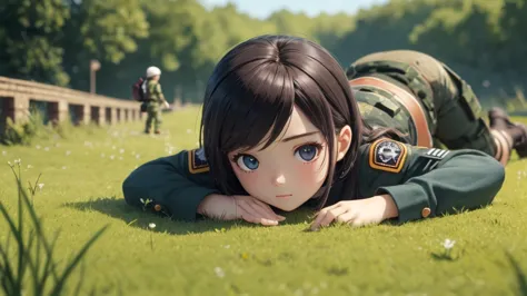 Girl doll、bank、river、bridge、Enjoying airsoft、uniform、Crawling through the grass,octane render、(Hyper-detailing: 1.15)、cinematic ...