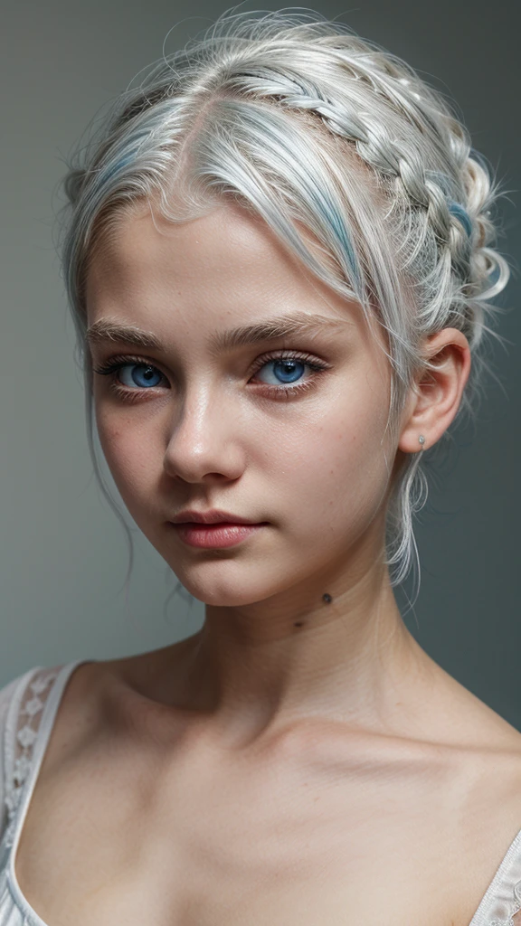 Niña de 14 años con el pelo blanco recogido., ojos azul claro, piel blanca , pequeño, nariz respingona y muy bonita