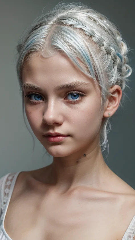 14 year old girl with white hair up, light blue eyes, White skin , small, upturned nose and very beautiful