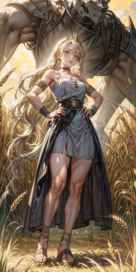 full body whole body 1sologirl, stunning painting of a knight with blonde hair, wheat field, epic clouds ((painterly)) ((impress...